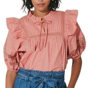 Cleobella Bridget Blouse Rose Organic Cotton Lace Puff Sleeve Boho Delicate S
